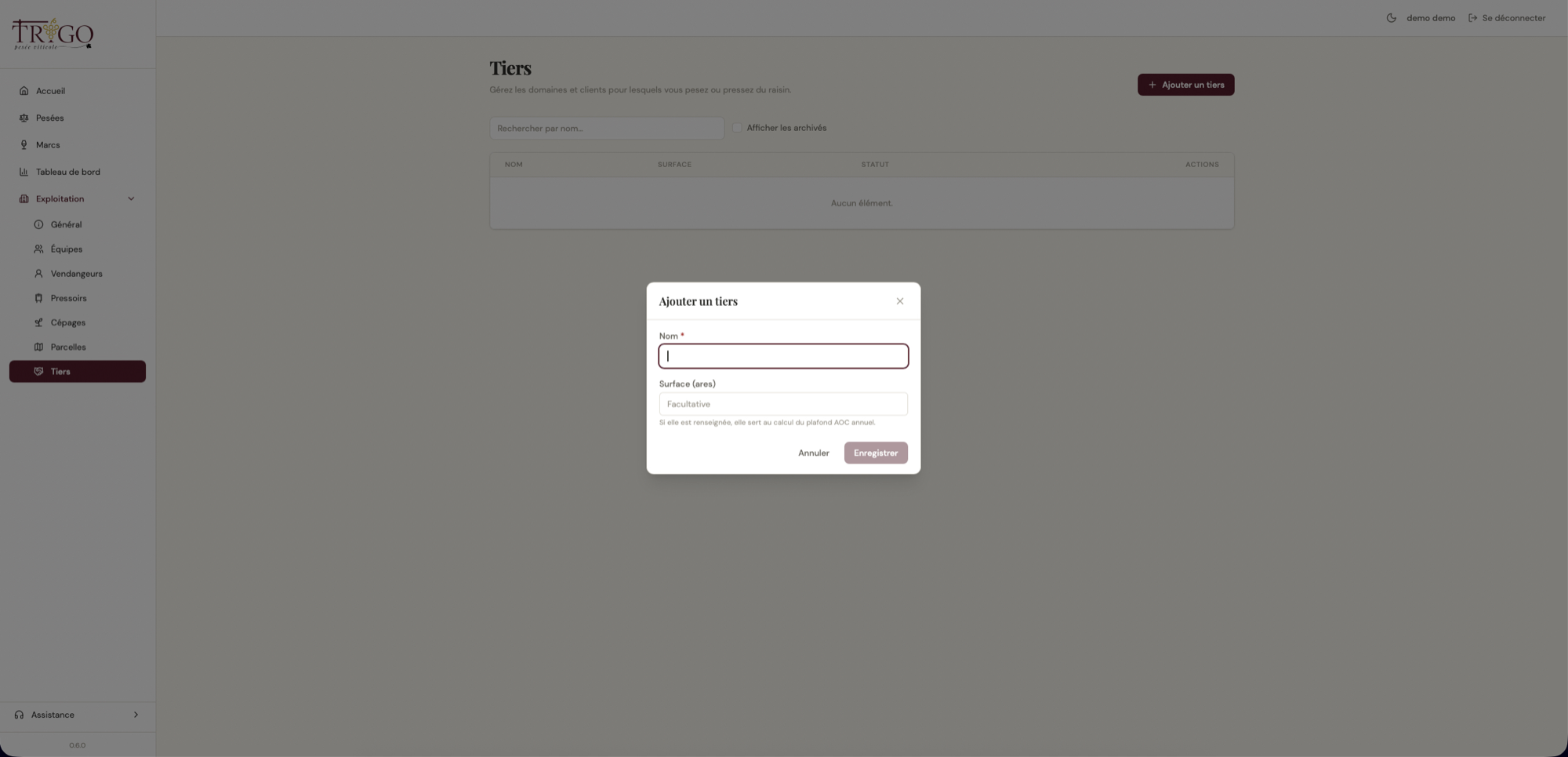 Page Tiers de l'application Pesée Viticole avec la fenêtre d'ajout d'un tiers (nom et surface en ares)